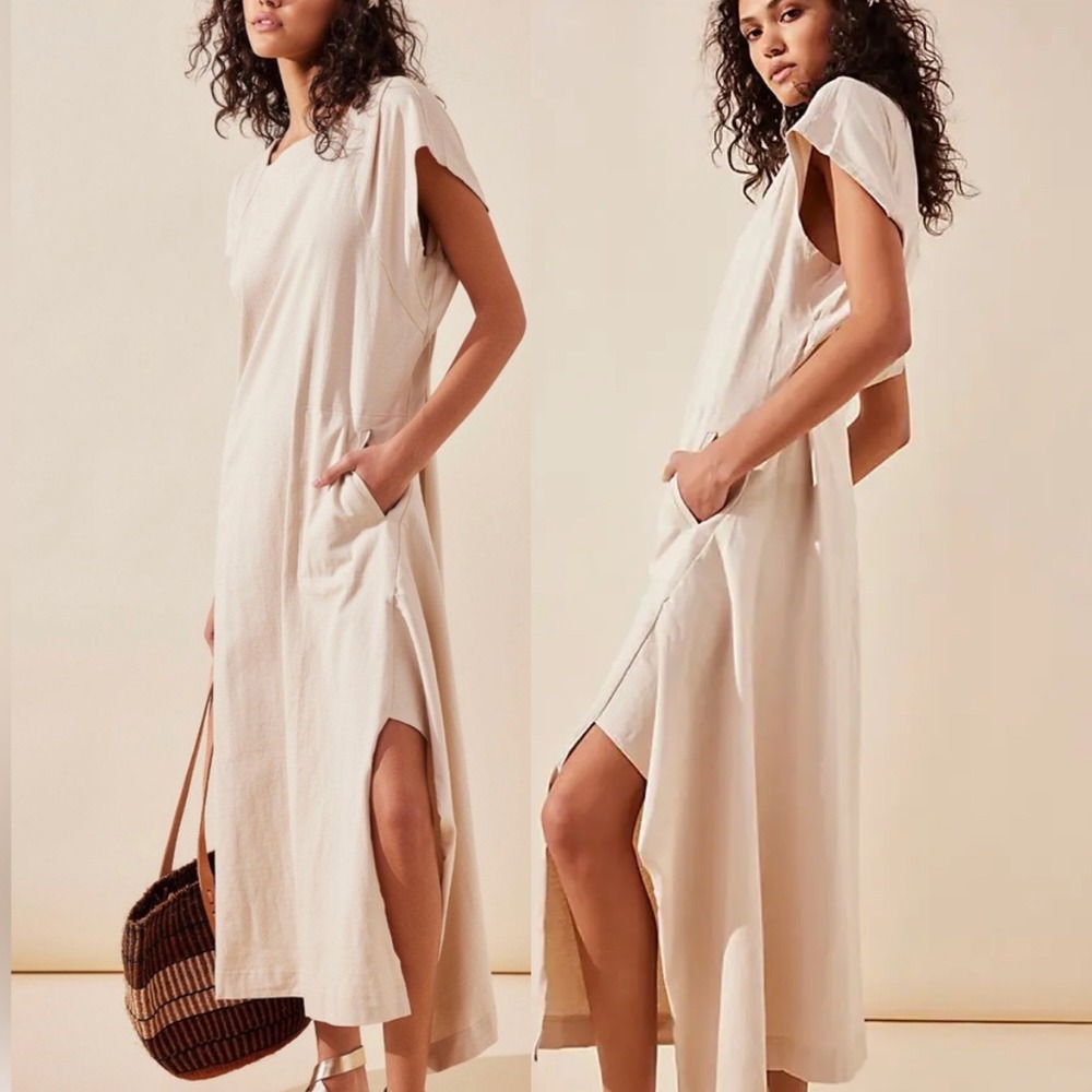 Free People Angelo Midi Dress Conch Neutral Womens Size Small Beachy NEW Pockets